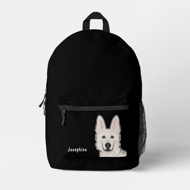 White Swiss Shepherd White GSD Head And Name Black Printed Backpack (Front)