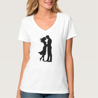White T-shirt with a print of a loving couple
