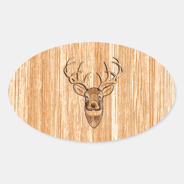 White Tail Buck Deer Head Wood Grain Style Oval Sticker (Front)