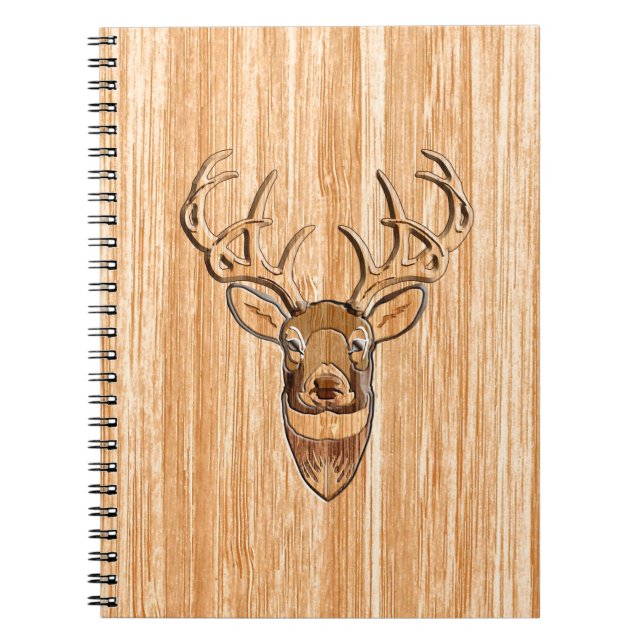 White Tail Buck Deer Head Wood Grain Style Spiral Notebook (Front)