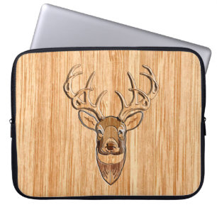 White Tail Deer Head Wood Grain Style Laptop Sleeve