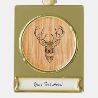White Tail Deer Head Wood Grain Style Print Gold Plated Banner Ornament
