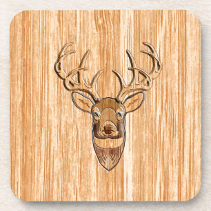 White Tail Deer Head Wood Inlay Grain Style Coaster