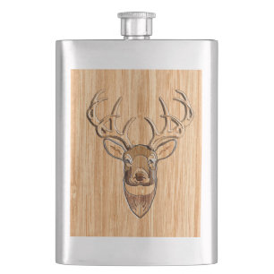 White Tail Deer Head Wood Inlay Grain Style Decor Hip Flask