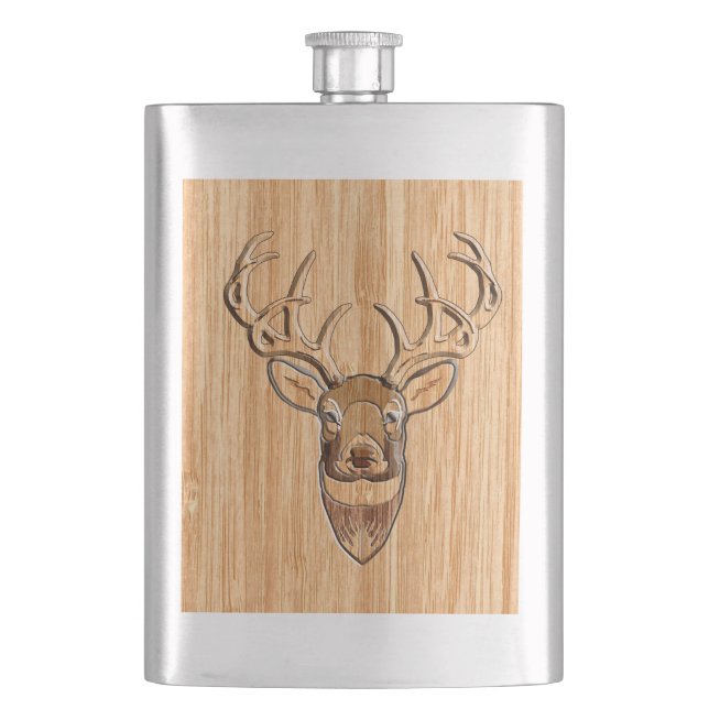 White Tail Deer Head Wood Inlay Grain Style Decor Hip Flask (Front)