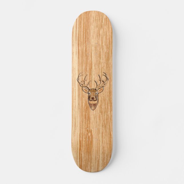 White Tail Deer Head Wood Inlay Grain Style Decor Skateboard (Front)