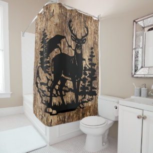 White-tailed Buck Silhouette On Faux Tree Bark Shower Curtain