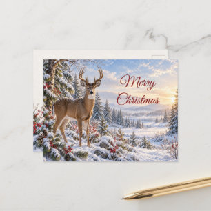 White-Tailed Deer Christmas Snowy Woodland Winter Holiday Postcard