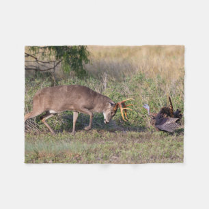 White-tailed Deer Fighting Wild Turkey Fleece Blanket