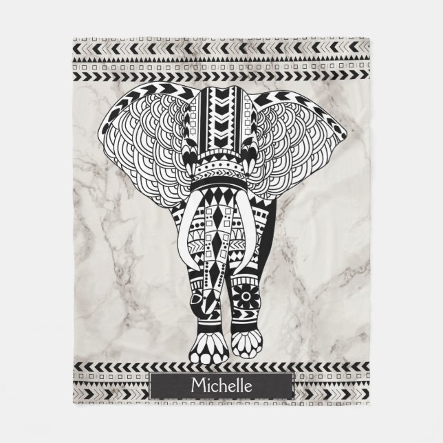 White & Taupe Marble Tribal Patterned Elephant Fleece Blanket (Front)