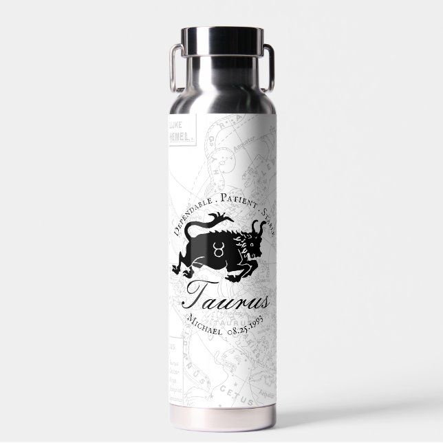 White Taurus Astrology Zodiac Sign Characteristics Water Bottle (Front)