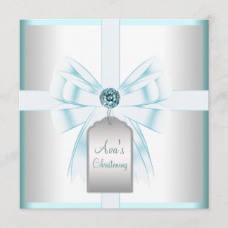 White Teal Blue Baby Baptism Christening Invitation