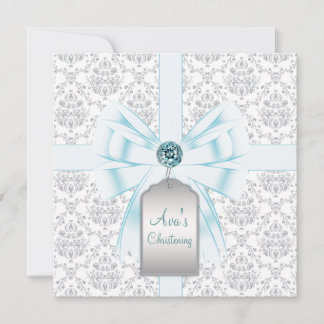 White Teal Blue Damask Baby Baptism Christening Invitation