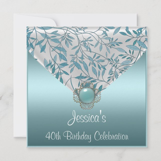 White Teal Blue Floral Jewel 40th Birthday Invitation (Front)
