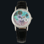 WHITE TEAL BLUE ROSES,ANEMONE FLOWERS MONOGRAM<br><div class="desc">Elegant floral watch, aqua blue , turquoise , pink white roses and anemones on pink background with printed pink gemstones.</div>
