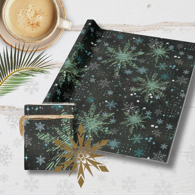 White Teal Blue Snowflakes  Black Wrapping paper  (White Teal Blue Snowflakes Black Wrapping paper )