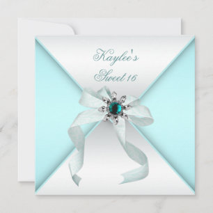White Teal Blue Sweet 16 Party Invitation