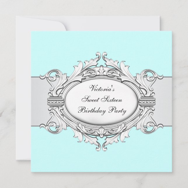 White Teal Blue Sweet Sixteen Party Invitation (Front)