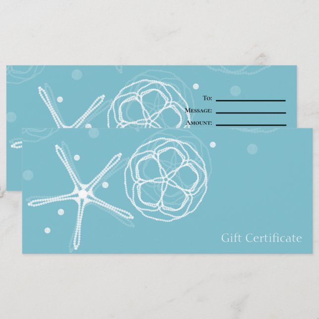 White Teal Elegant Pearl Starfish Gift Certificate Invitation (Front/Back)