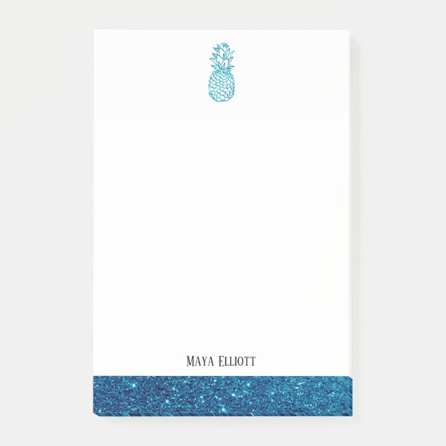 White + Teal Faux Glitter Pineapple & Border, Name Post-it Notes (Front)