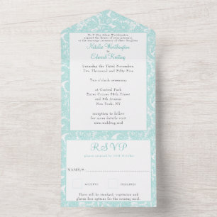 White Teal Filigree Paisley Henna Wedding RSVP All In One Invitation