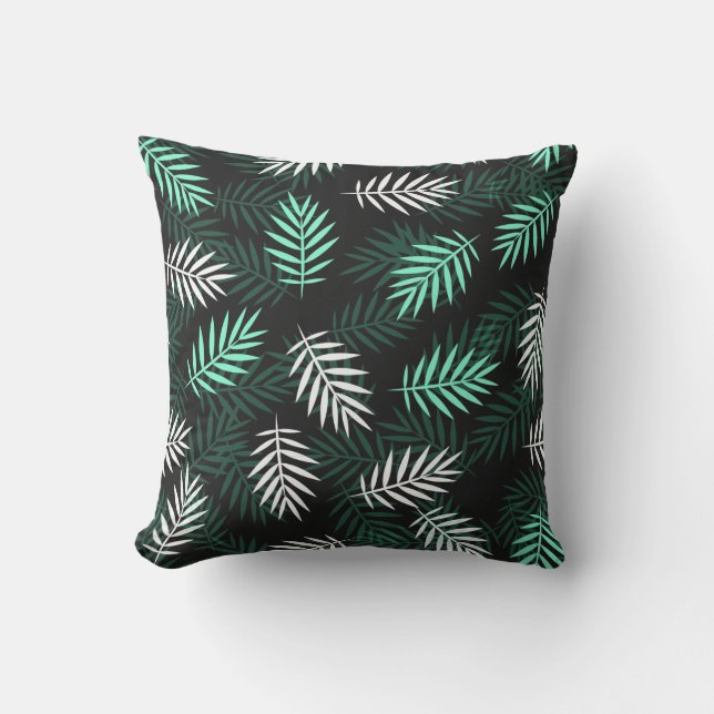 White Teal Green Leaves Modern Tropical  Cushion (Front)