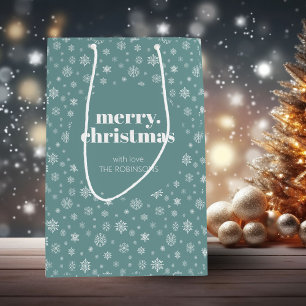 White Teal Green Merry Christmas Snowflake Pattern Medium Gift Bag