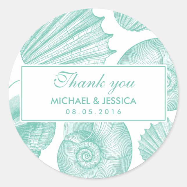 White Teal Seashell Wedding Thank You Sticker (Front)