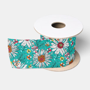 White Teal Yellow Orange Red Daisy Flowers Pattern Satin Ribbon