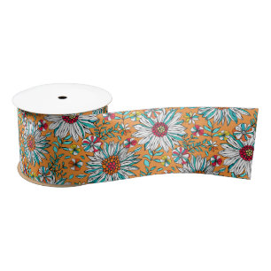 White Teal Yellow Orange Red Daisy Flowers Pattern Satin Ribbon