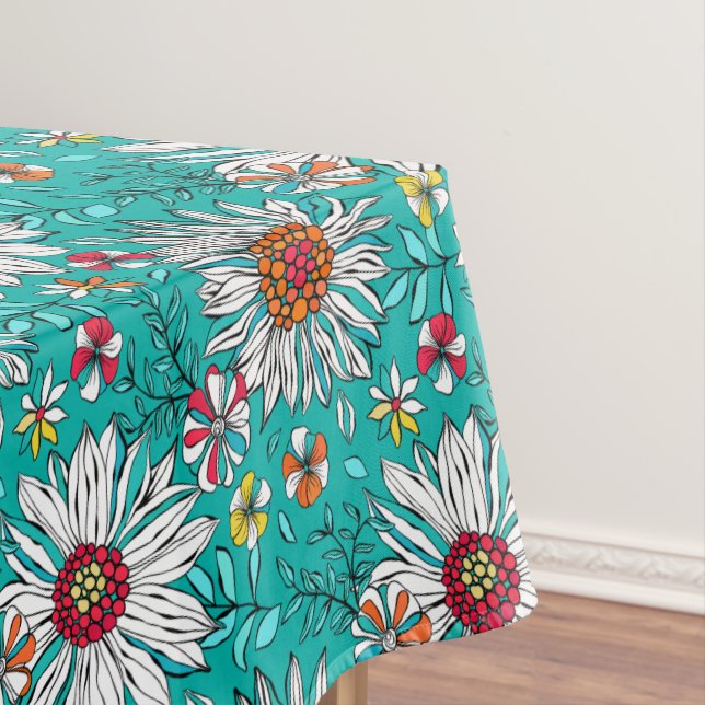 White Teal Yellow Orange Red Daisy Flowers Pattern Tablecloth (In Situ)