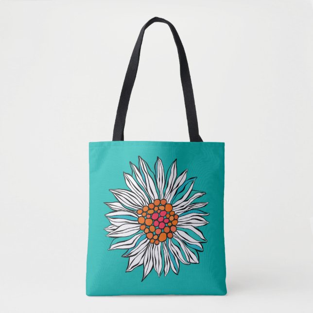 White Teal Yellow Orange Red Daisy Flowers Tote Bag (Front)