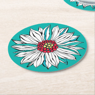 White Teal Yellow Red Daisy Flower Round Round Paper Coaster
