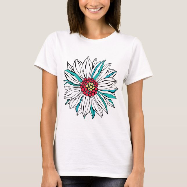 White Teal Yellow Red Daisy Flower T-Shirt (Front)