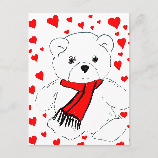 White Teddy Bear and Hearts Postcard (Front)