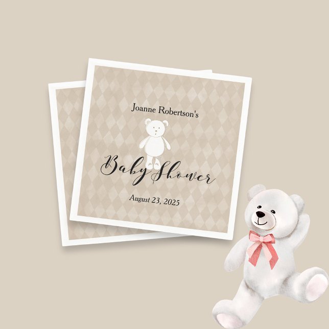 White Teddy Bear Baby Shower Modern | Tan Argyle Napkin (Creator Uploaded)
