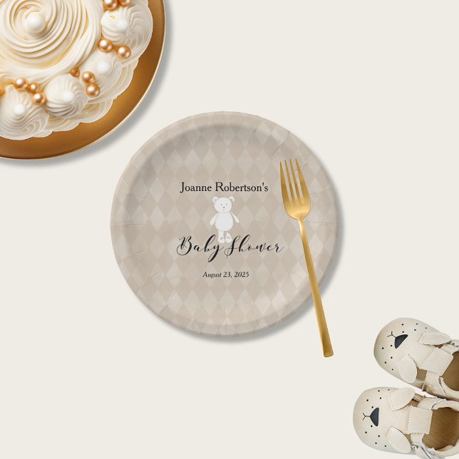 White Teddy Bear Baby Shower | Tan Argyle Paper Plate (Creator Uploaded)