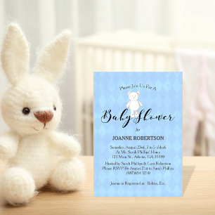 White Teddy Bear Diamond Blue Baby Shower Invitation