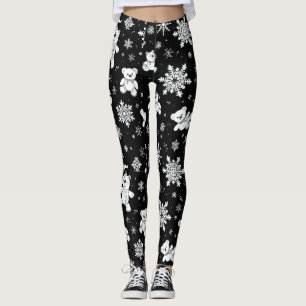 White Teddy Bear & Snowflake Seamless Pattern Leggings