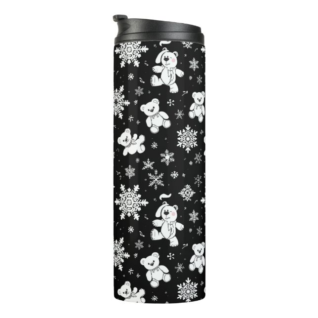 White Teddy Bear & Snowflake Seamless Pattern Thermal Tumbler (Rotated Right)