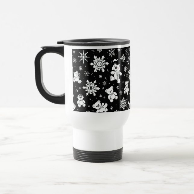White Teddy Bear & Snowflake Seamless Pattern Travel Mug (Left)