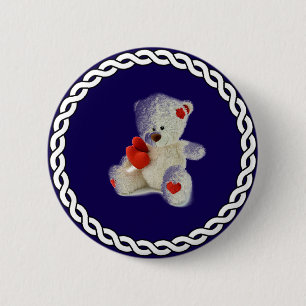 White Teddy Bear, white circle frame, 6 Cm Round Badge