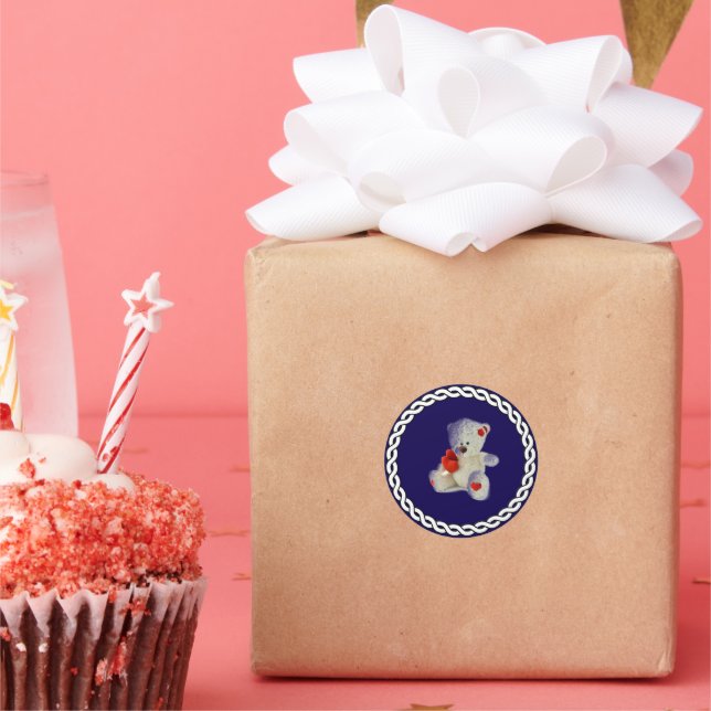 White Teddy Bear, white circle frame, Classic Round Sticker (Party)