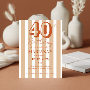 White & Terracotta Stripes Modern 40th Birthday Invitation