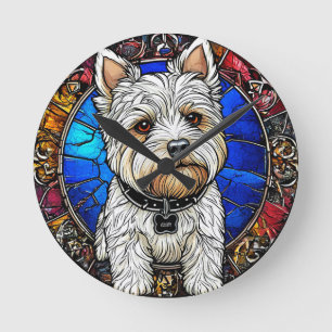 White Terrier Dog Portrait Round Clock