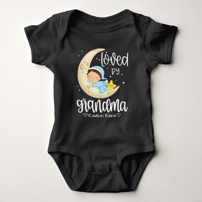 White Text Baby Boy on Moon - Loved by Grandma Bodysuit (Front)