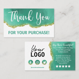 White Text Gold Teal Agate Thank You Purchase Business Card