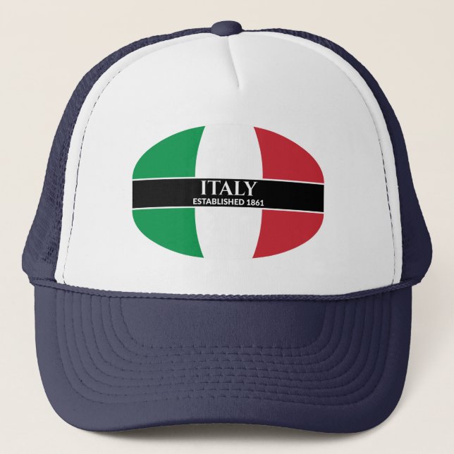 White Text Italy Established 1861 Flag Trucker Hat (Front)