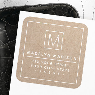 White text Kraft look monogram return address Square Sticker