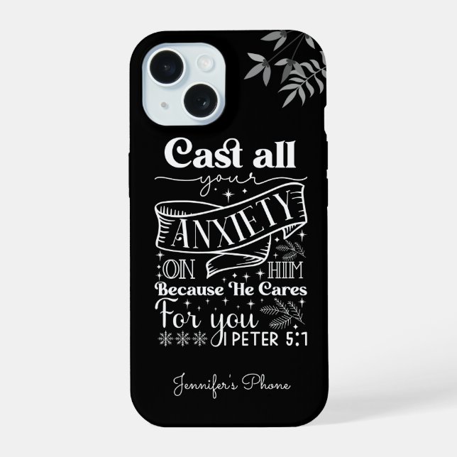White Text Typography, 1 Peter 5:7 Scripture iPhone 15 Case (Back)